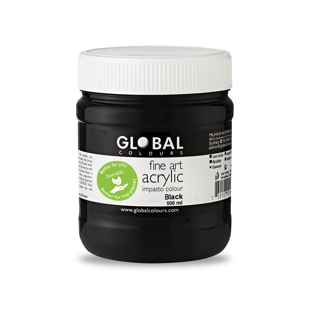 Fine Art Acrylic Paint, Black, Global Colours 500ml