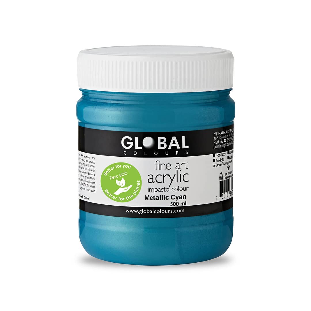 Fine Art Acrylic Paint, Metallic Cyan, Global Colours 500ml