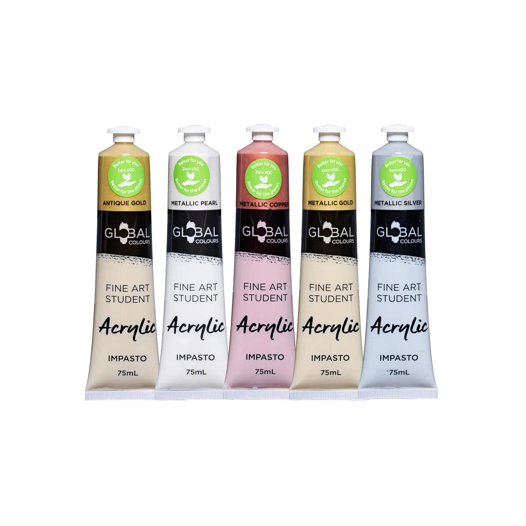 Global Colours Student Acrylic Artist Paint Set - 5 Metallic Colours x 75ml Tubes