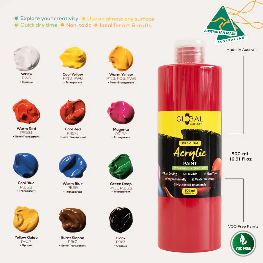 Acrylic Paint Set | Mixed 12 Colour Global Colours – 500ml Kit - Image 2