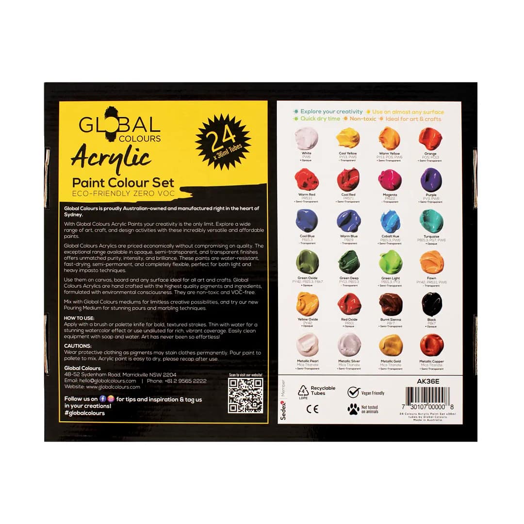 Acrylic Paint Set | Mixed 24 Colour Global Colours – 36ml Kit - Image 4