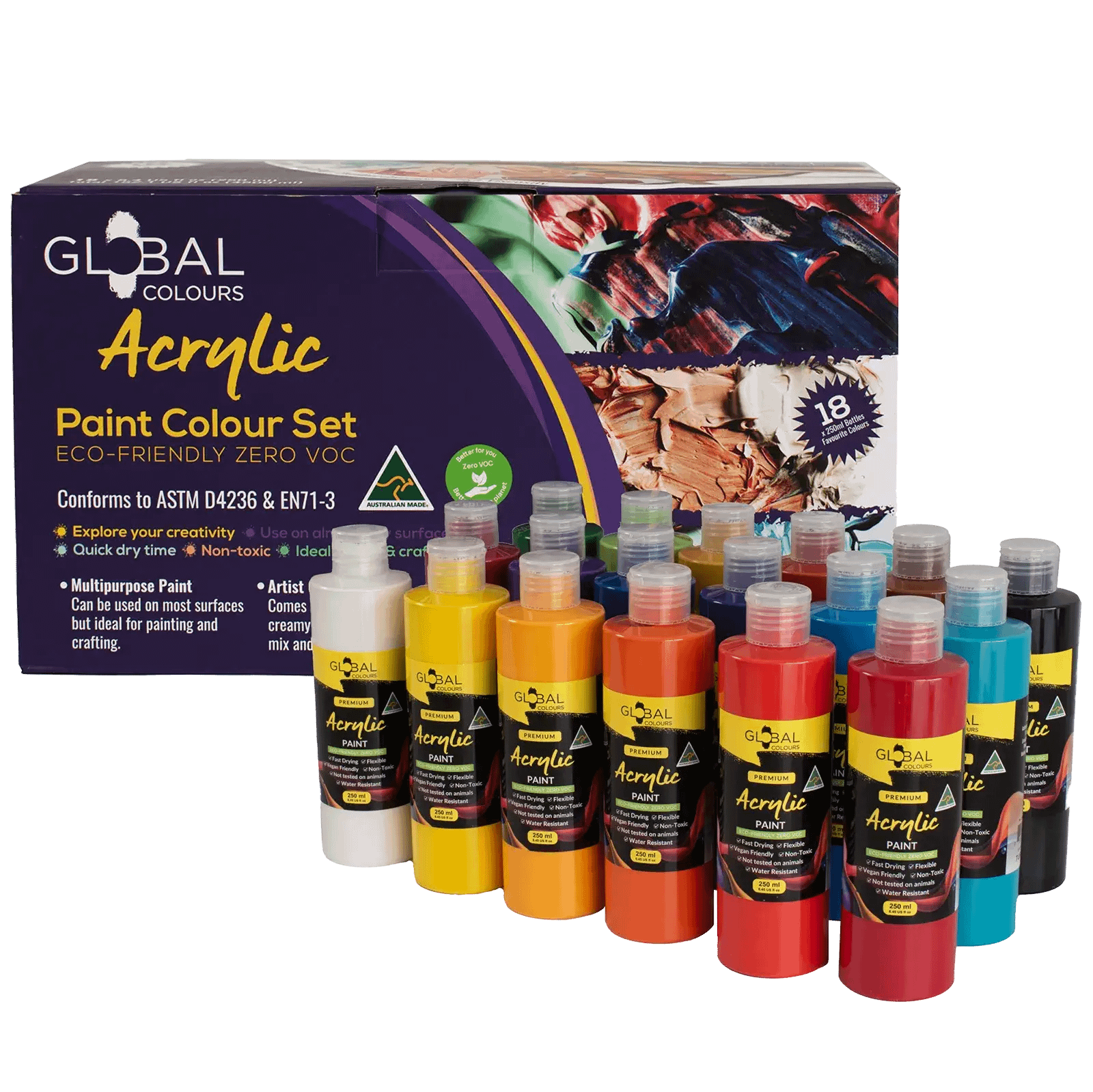 Acrylic Paint Set | Mixed 18 Colour Global Colours – 250ml Kit