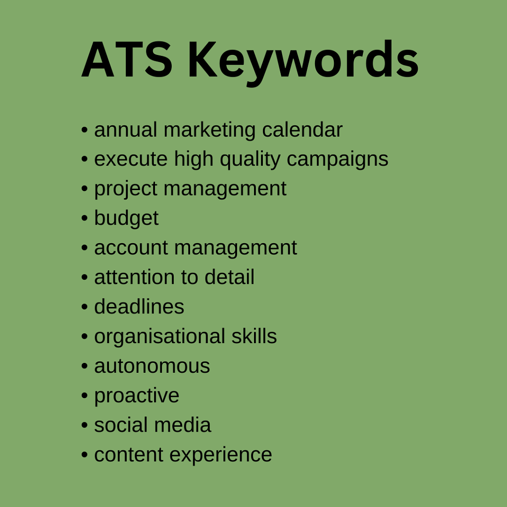 image of a list of ATS keywords for a marketing coordinator found in a particular job ad
