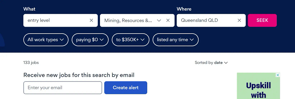 Image of seek job search website, showing search for entry level mining jobs in Queensland