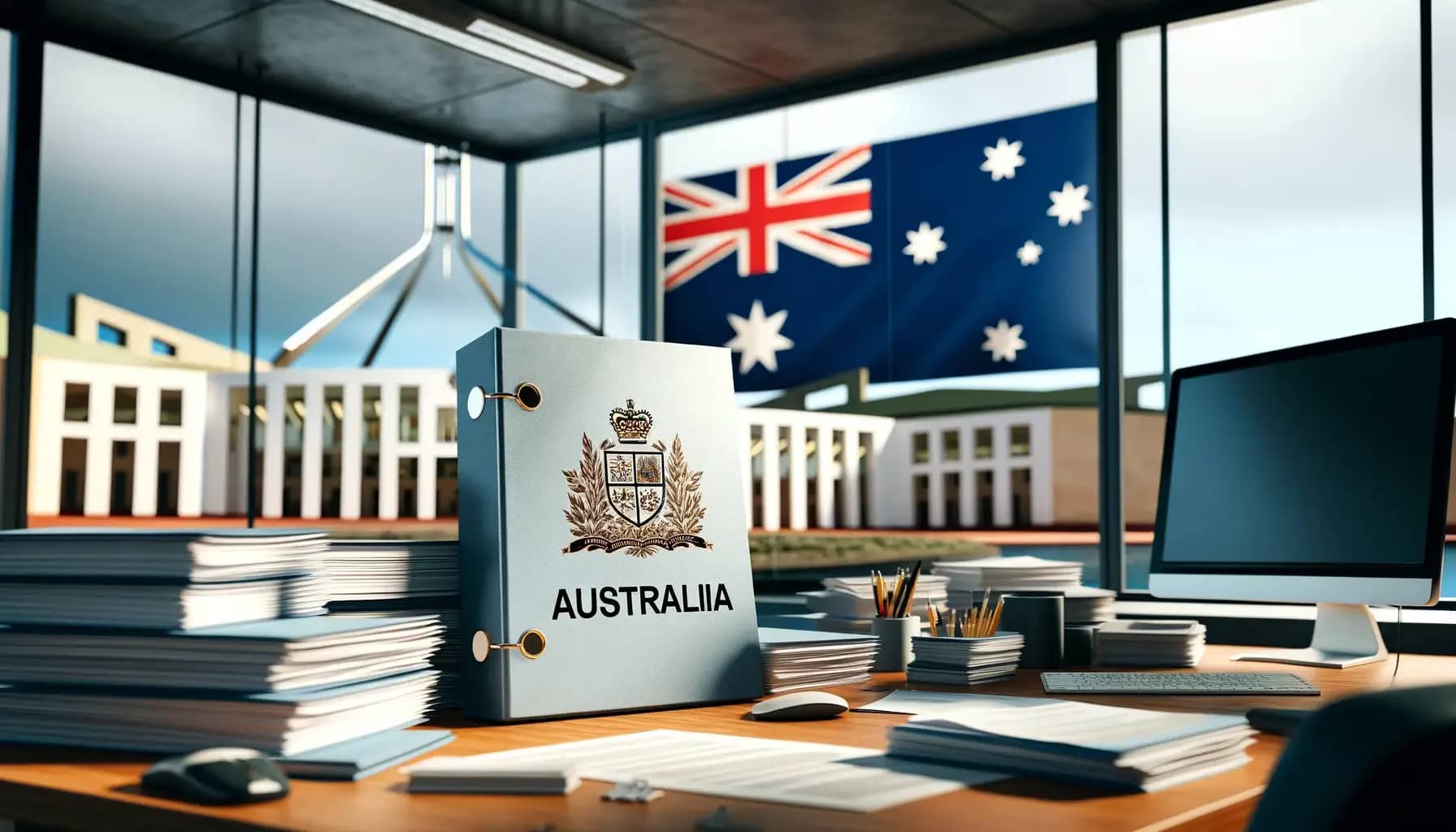 image of a desk with an australian flag overhead