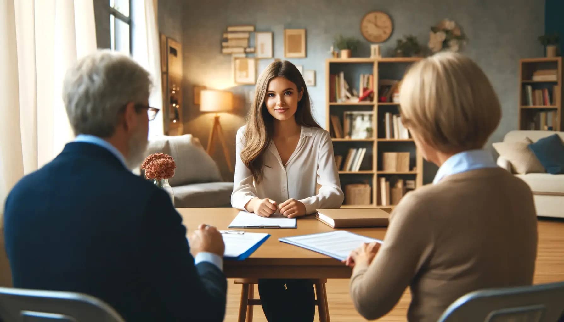 image of a female at a job interview with a man and a woman