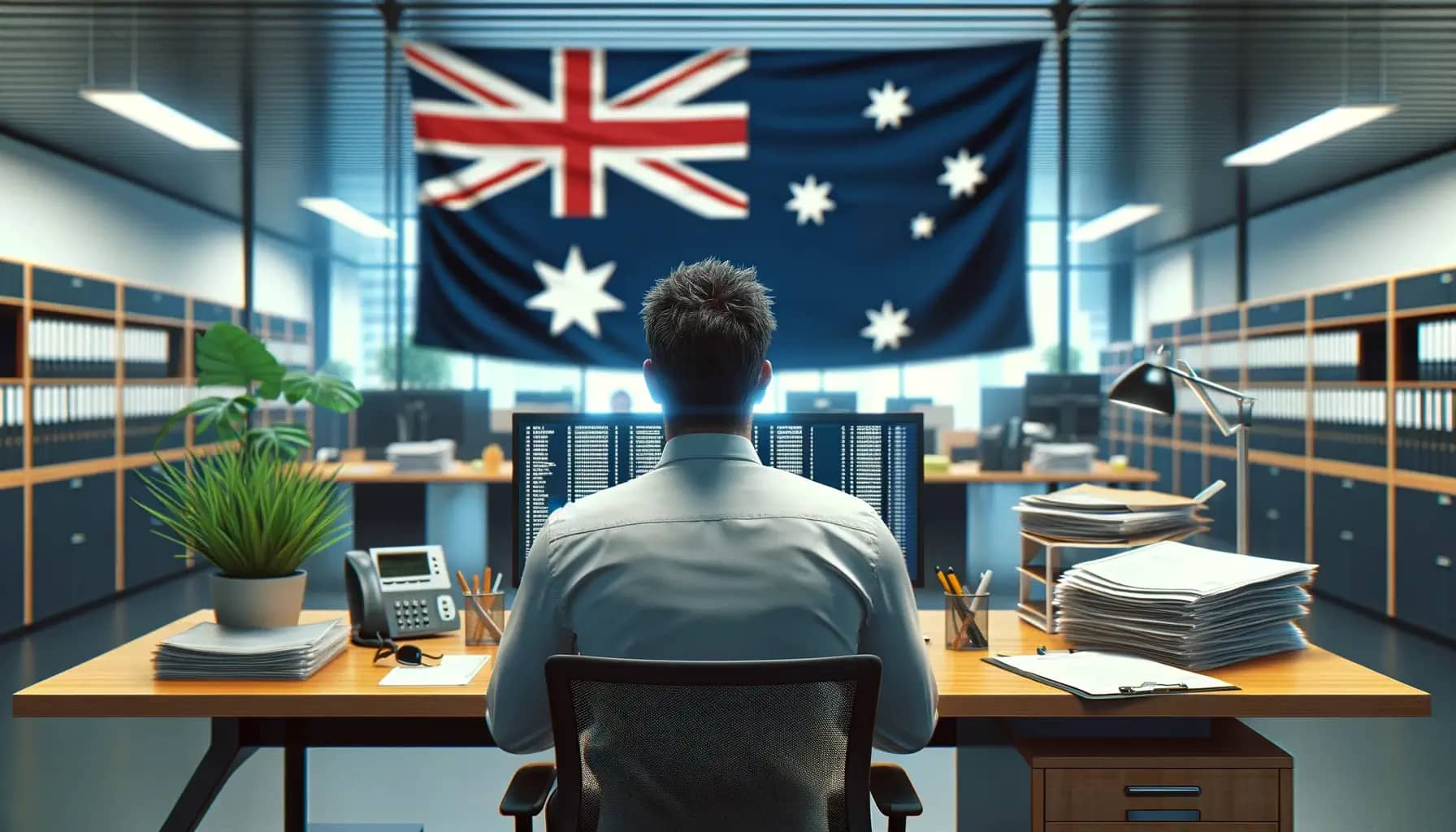 image of government worker at a desk with an australian flag at the background