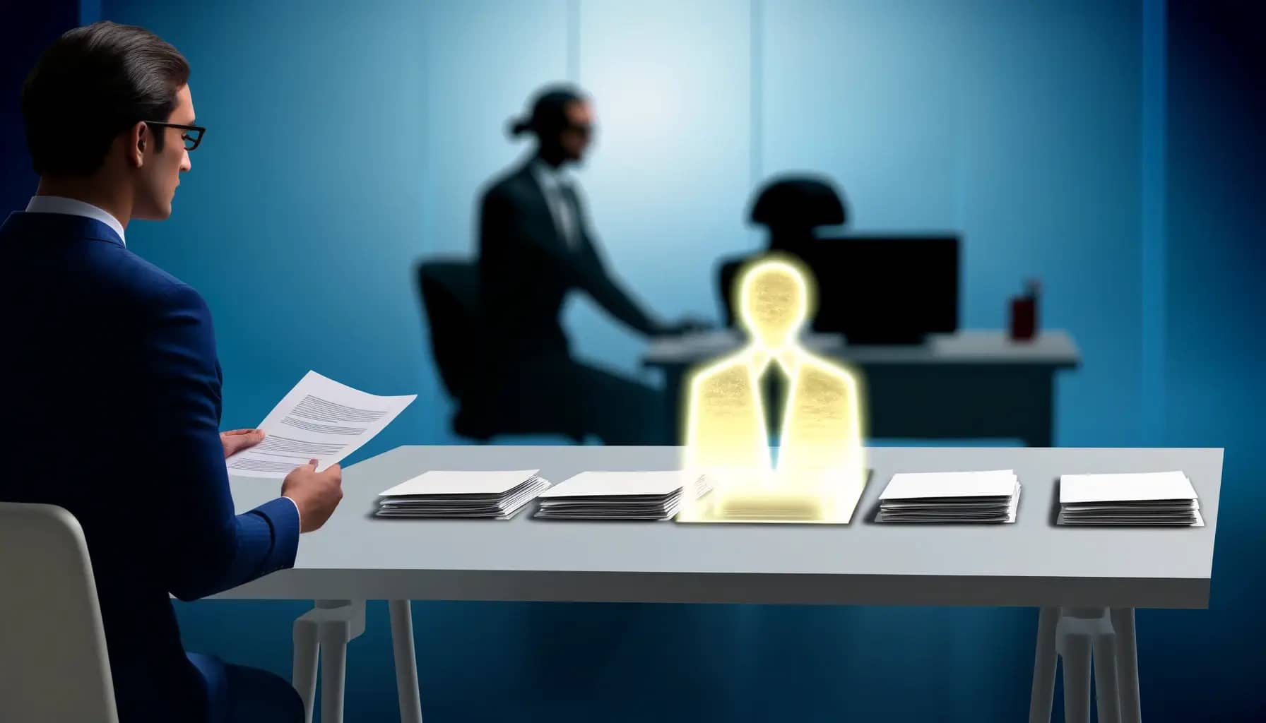 image of a man in a suit reviewing resume documents, with the shadow of a candidate rising from one document