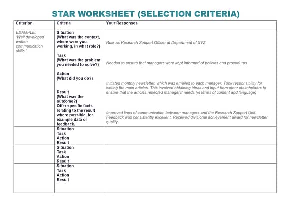 How to write selection criteria for government jobs free STAR worksheet