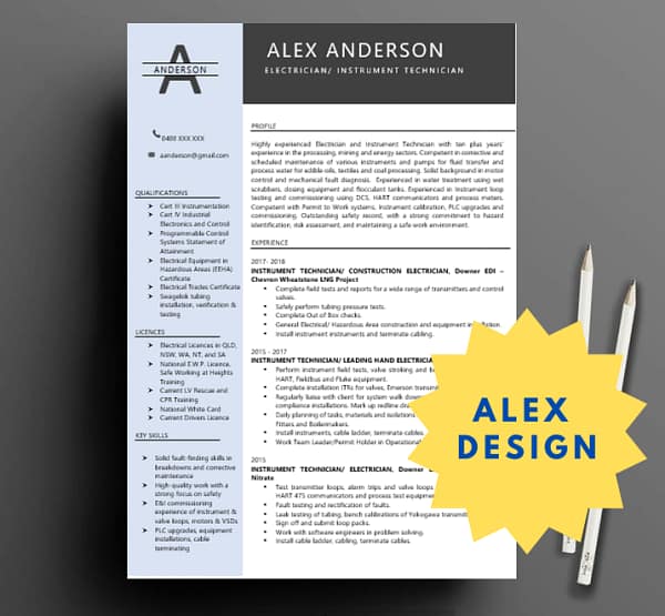 shows what the Alex resume looks like