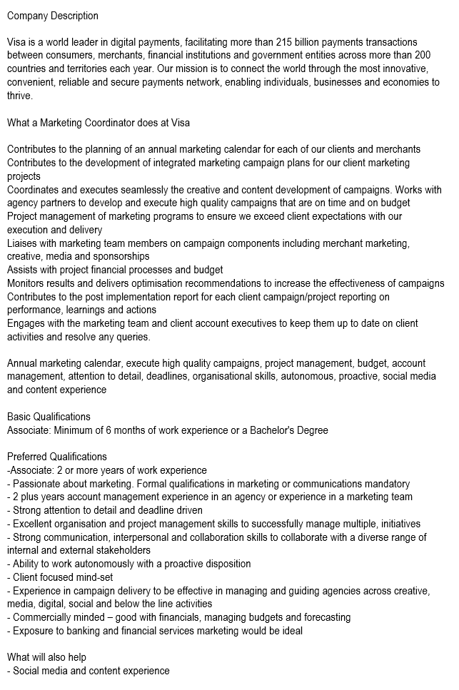 image depicting text of a job description for a Marketing Coordinator at Visa. Includes duties and preferred qualifications