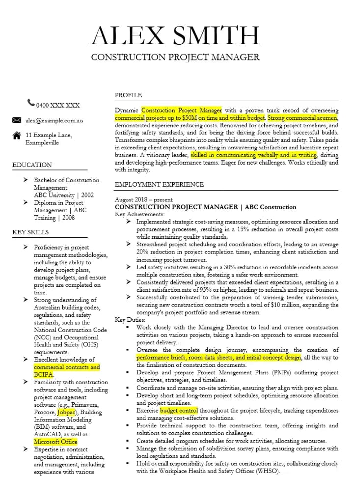 resume format for job in australia