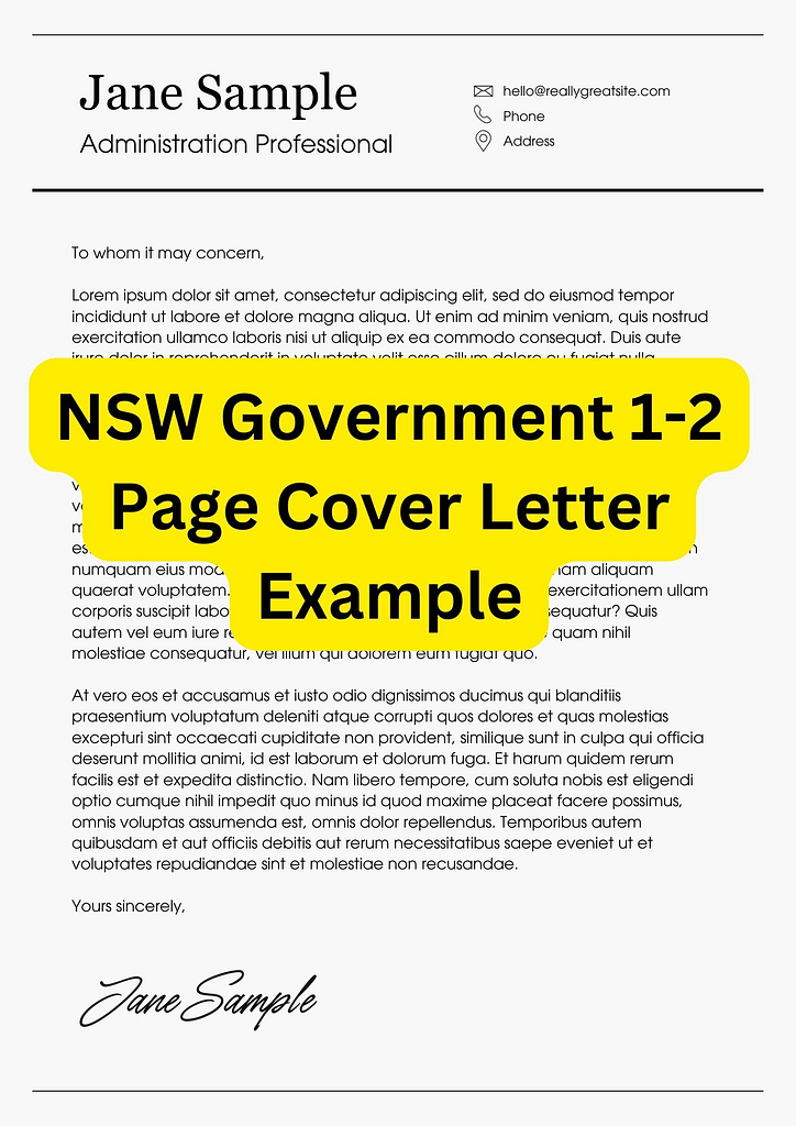 Image of a 1 page NSW government cover letter example. There is highlighted text in yellow stating it as this.