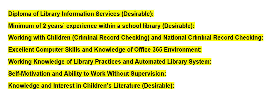 image of a list of selection criteria highlighted in yellow