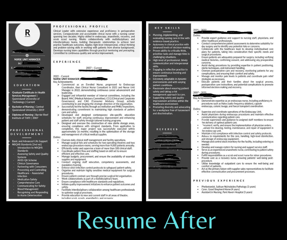 image of a 2 page nurse resume 'after' our Townsville resume writers revamped it