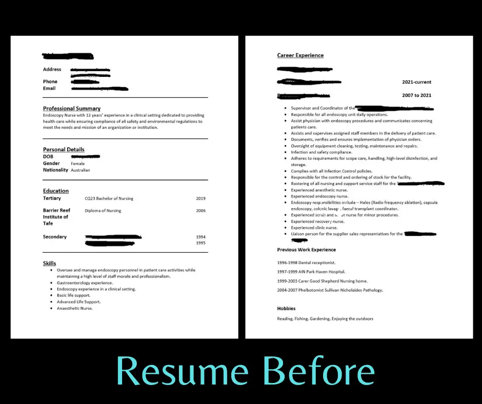 image of a 2 page nurse resume 'before' our Townsville resume writers revamped it