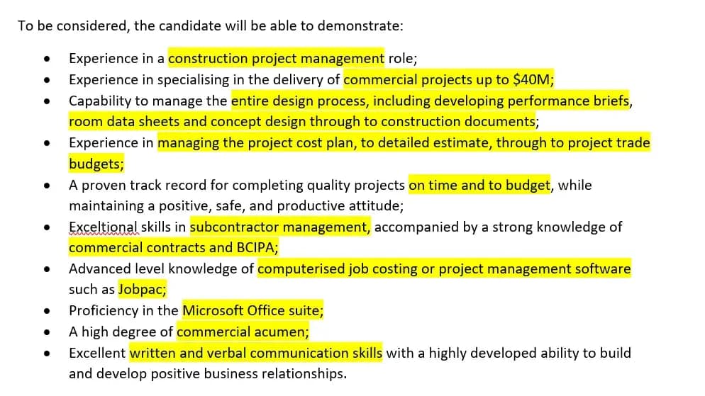 image of the candidate requirements for a construction project manager, with keywords highlighted in yellow