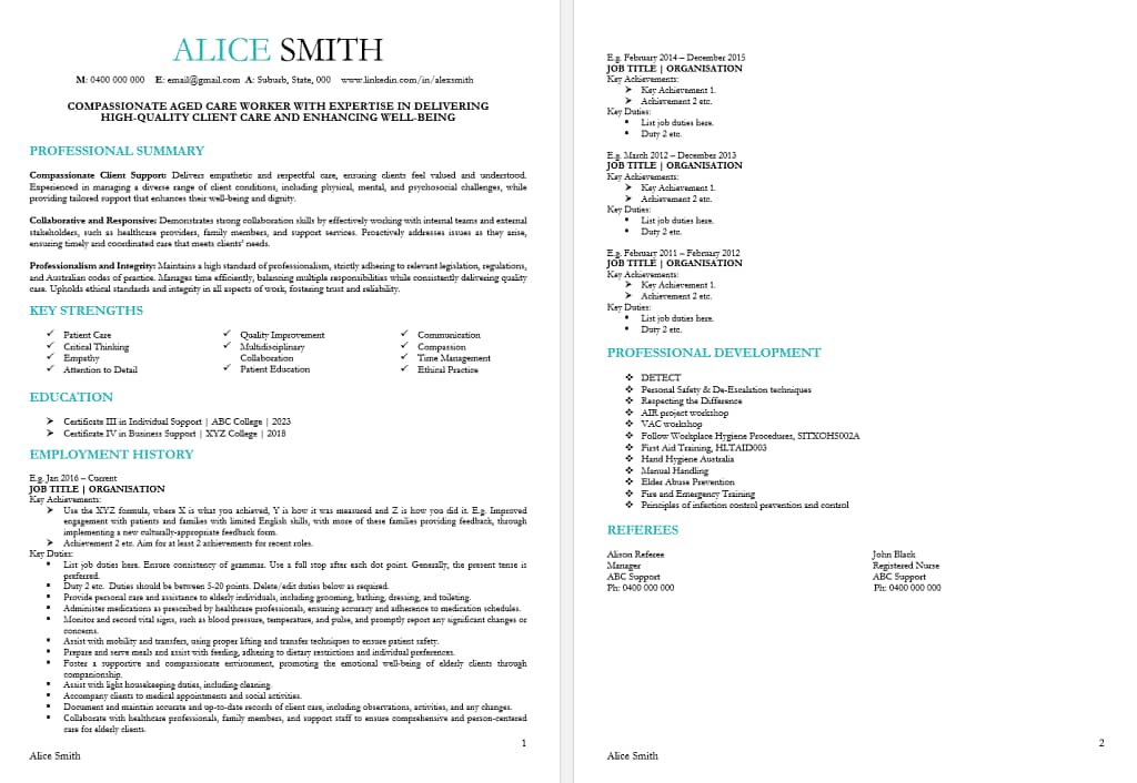 resume template for aged care worker