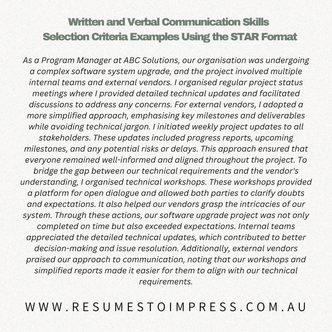 written and verbal communication skills selection criteria examples