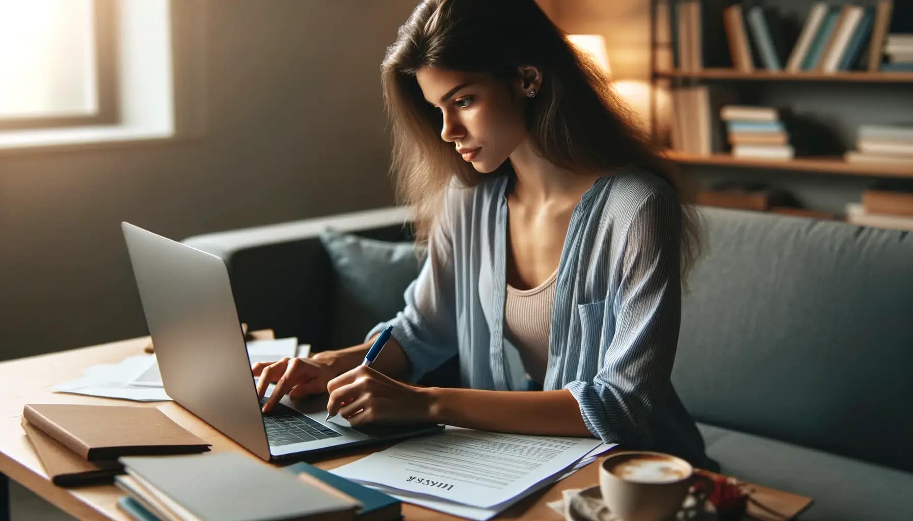 student at her desk on a laptop writing a resume