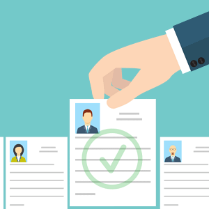 cartoon image of resume being picked out from a group of other resumes