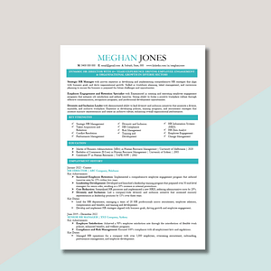 executive resume template, white page with teal headings