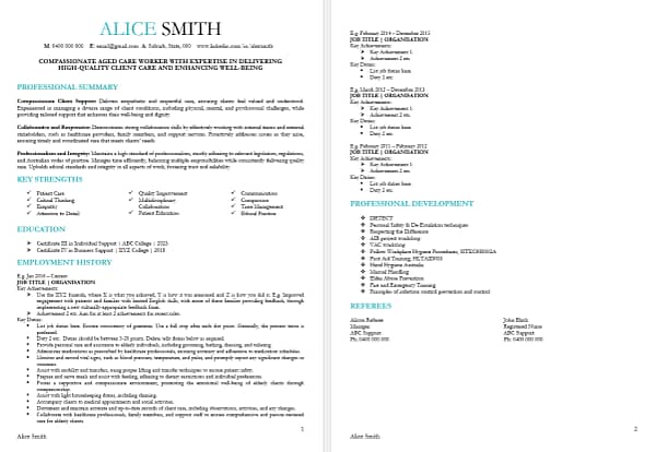 resume template for aged care worker