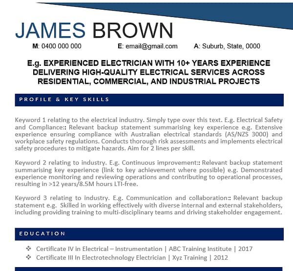 snippet of instructions for how to write your electrical resume