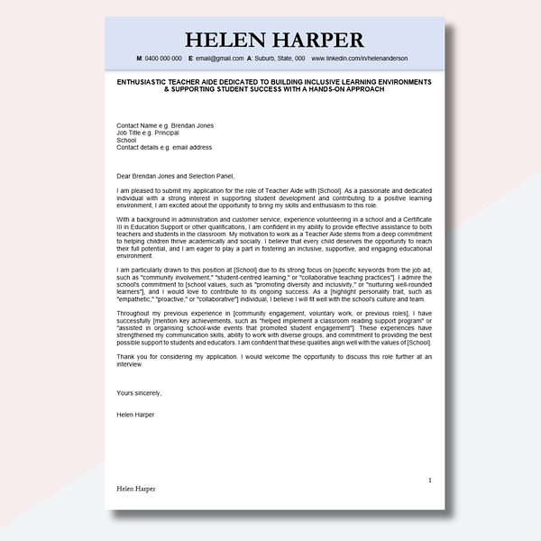 teacher aide cover letter template