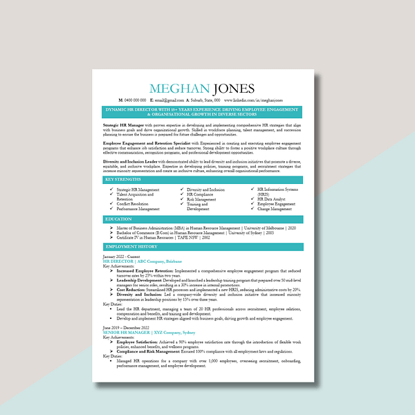 executive resume template, white page with teal headings