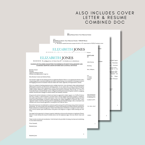 teacher resume template + cover letter template combined document
