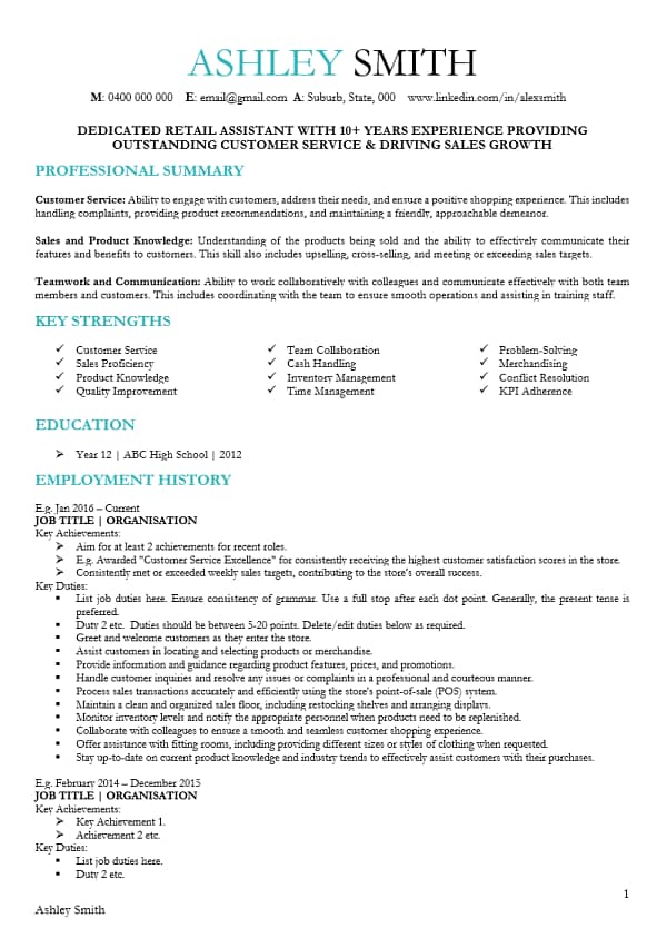 retail resume template page 1