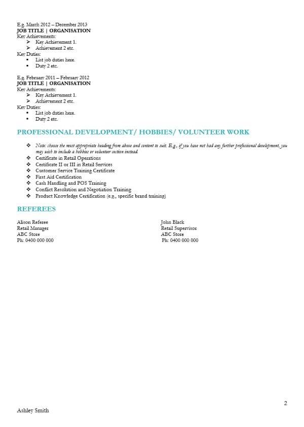 retail resume template page 2