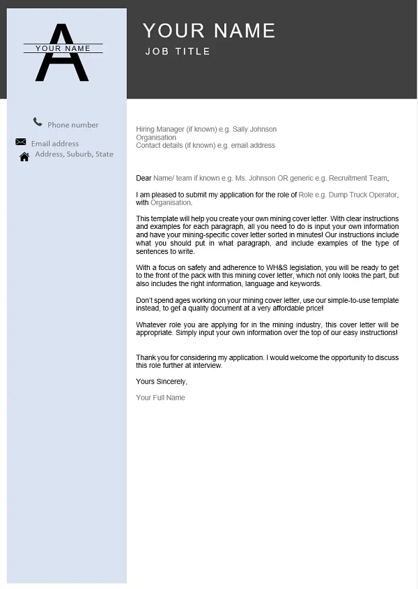 shows what the mining cover letter template looks like