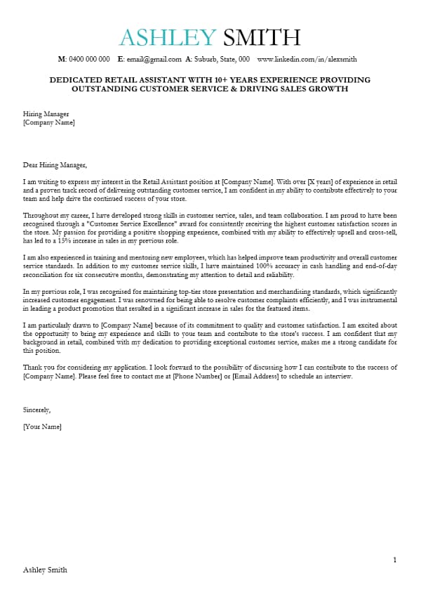 retail assistant cover letter template