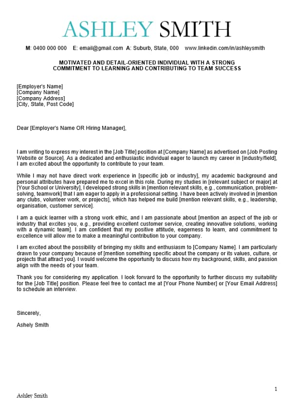 cover letter template no experience