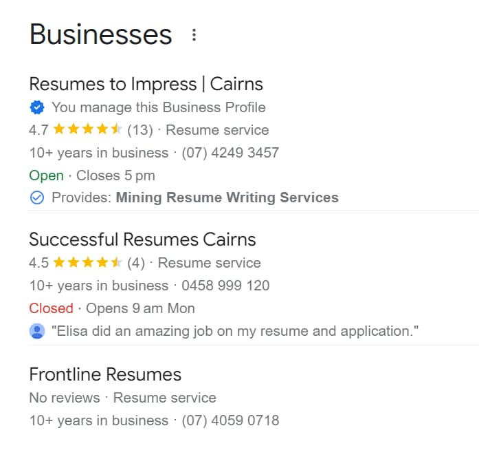 image of top 3 local resume writers Cairns, with Resumes to Impress rated the highest with an overall 4.7 google rating.