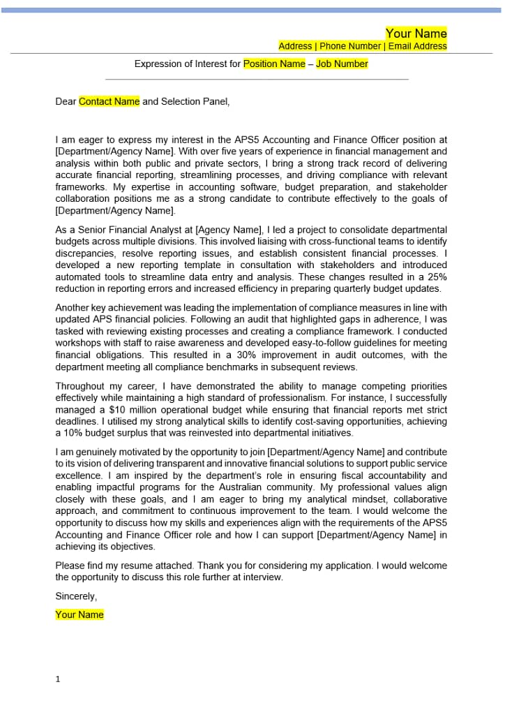 APS EOI example for APS5 Accounting and Finance Officer