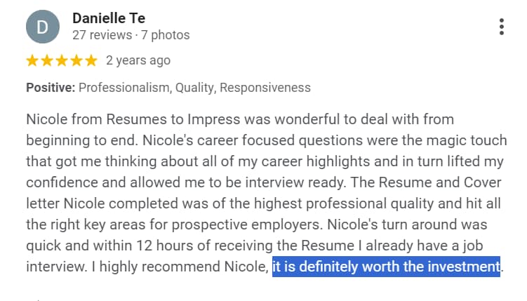 image of a customer review for our resume writers cairns