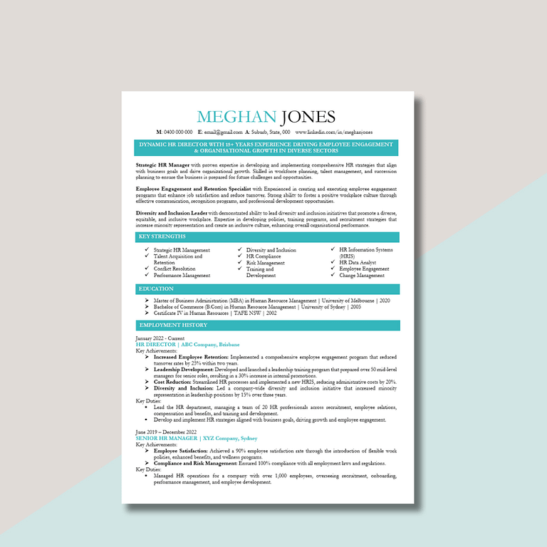 Australian HR Executive Resume - ETSY Aus Resume Template 1 