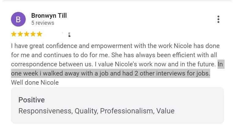 image of a customer review for our resume writers cairns