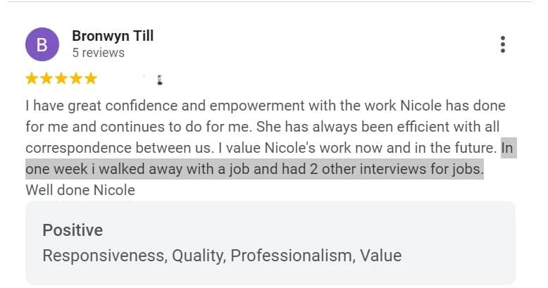 image of a customer review for our resume writers cairns