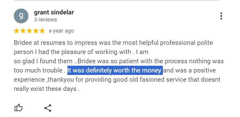 image of a customer review for our resume writers cairns