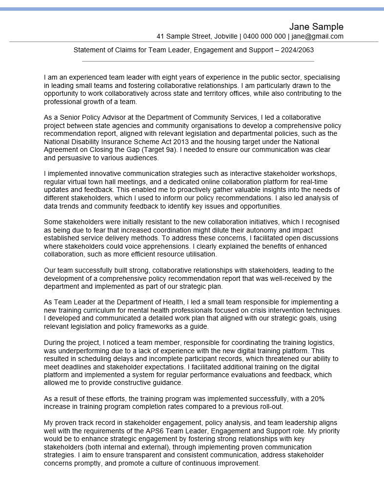 APS 500 Word Statement of Claims Example (APS6) + Guide