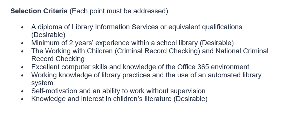 picture of a job ad stating selection criteria that needs to be responded to.